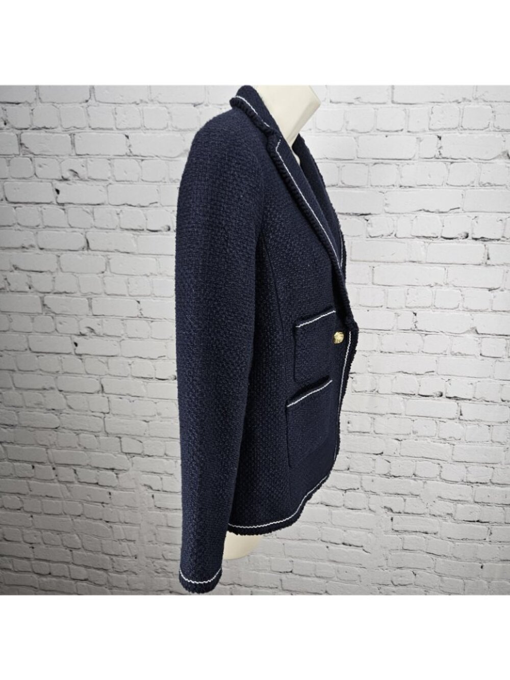NWT Talbots Navy 100% Cotton Tweed White Stitching Gold Buttons Blazer Jacket 0P - Picture 14 of 14